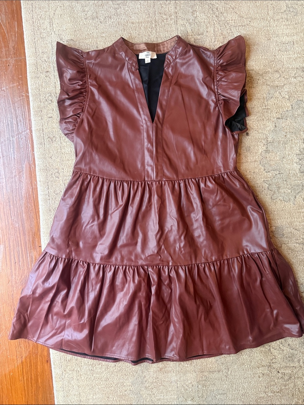 entro Burgundy Faux Leather Ruffle Sleeve Mini Dress